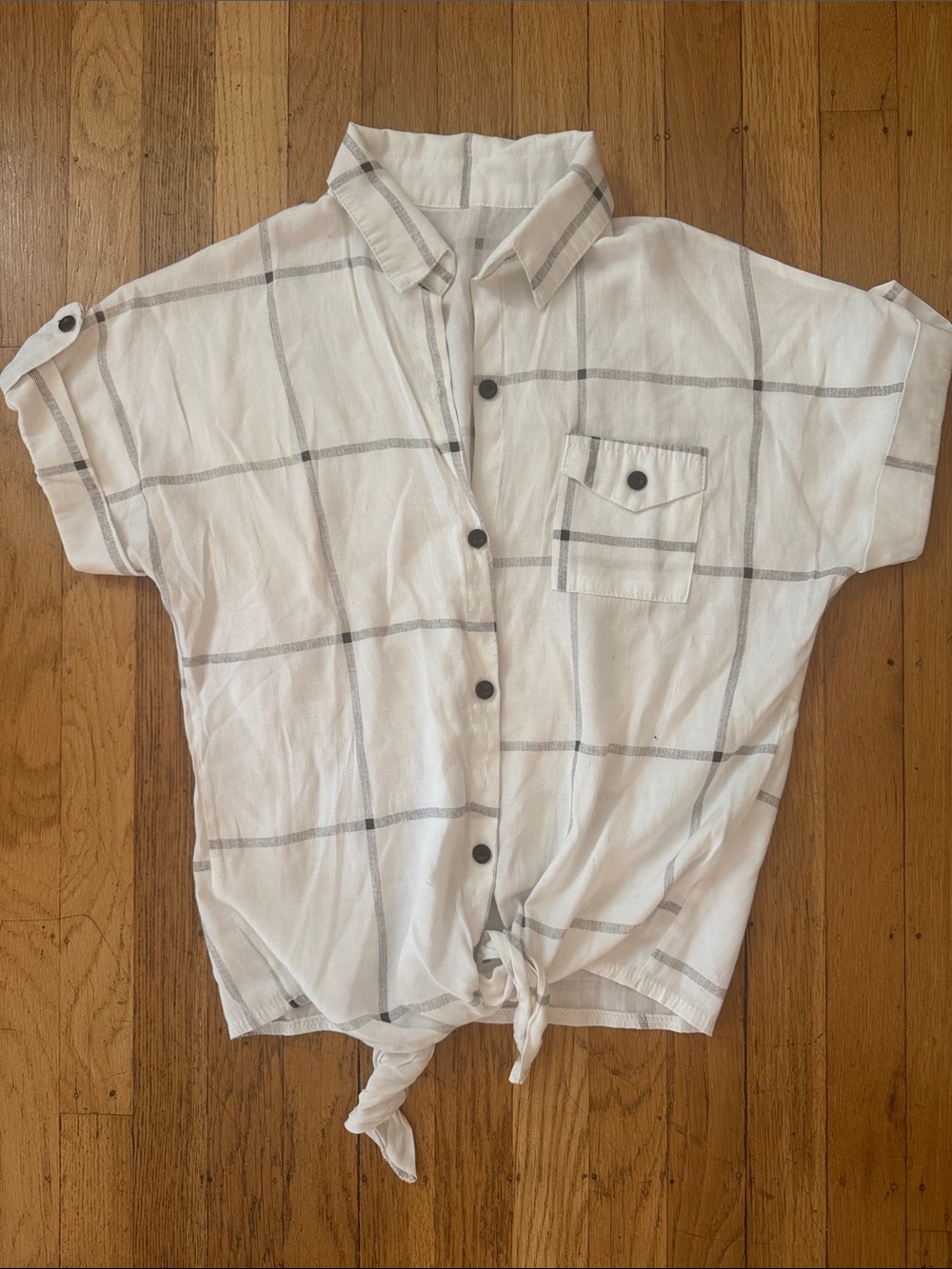 White Plaid Short-Sleeve Button-Up Tie Front Shirt